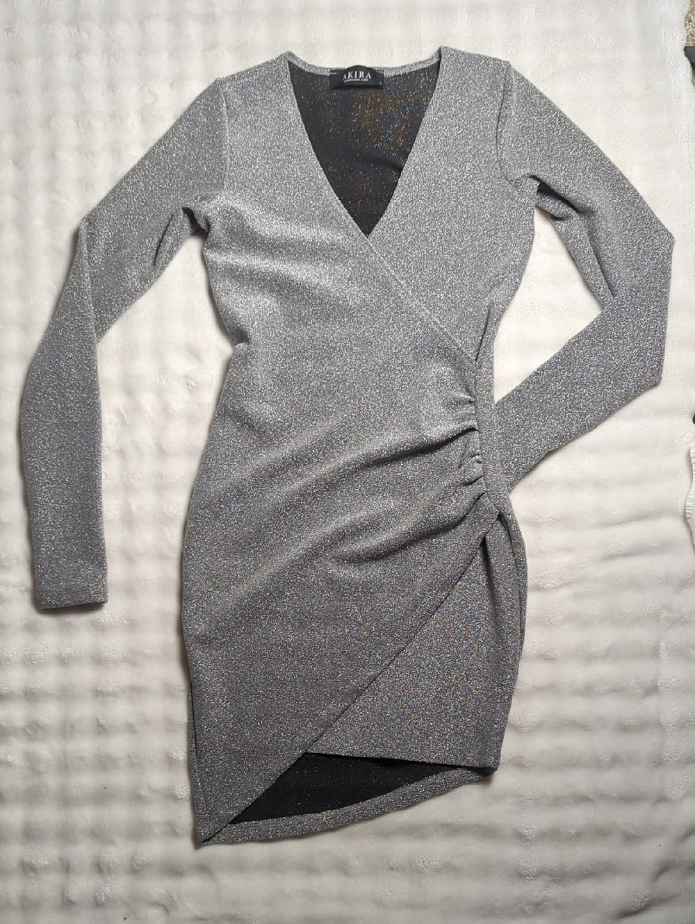 AKIRA Silver Shimmer Wrap V-Neck Long Sleeve Mini Dress